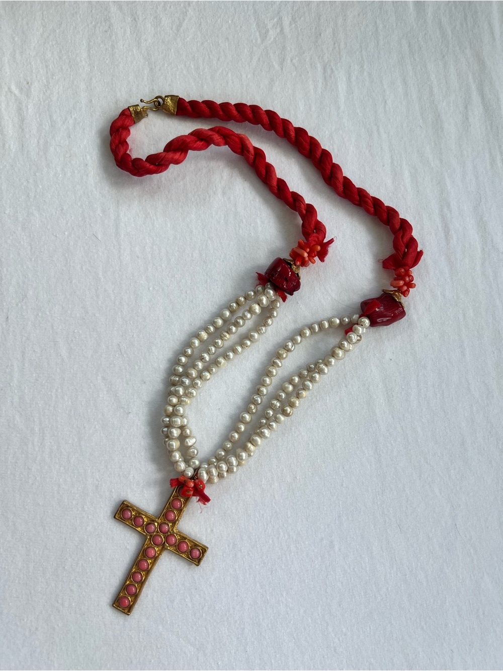 Red Pearl Strand Necklace/ Belly Chain Cross Pendant - BERNA PECI
